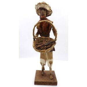 Viejito Papel Mache Old Man w Basket of Peppers Papier Mache 12x3½x3½ Mexico